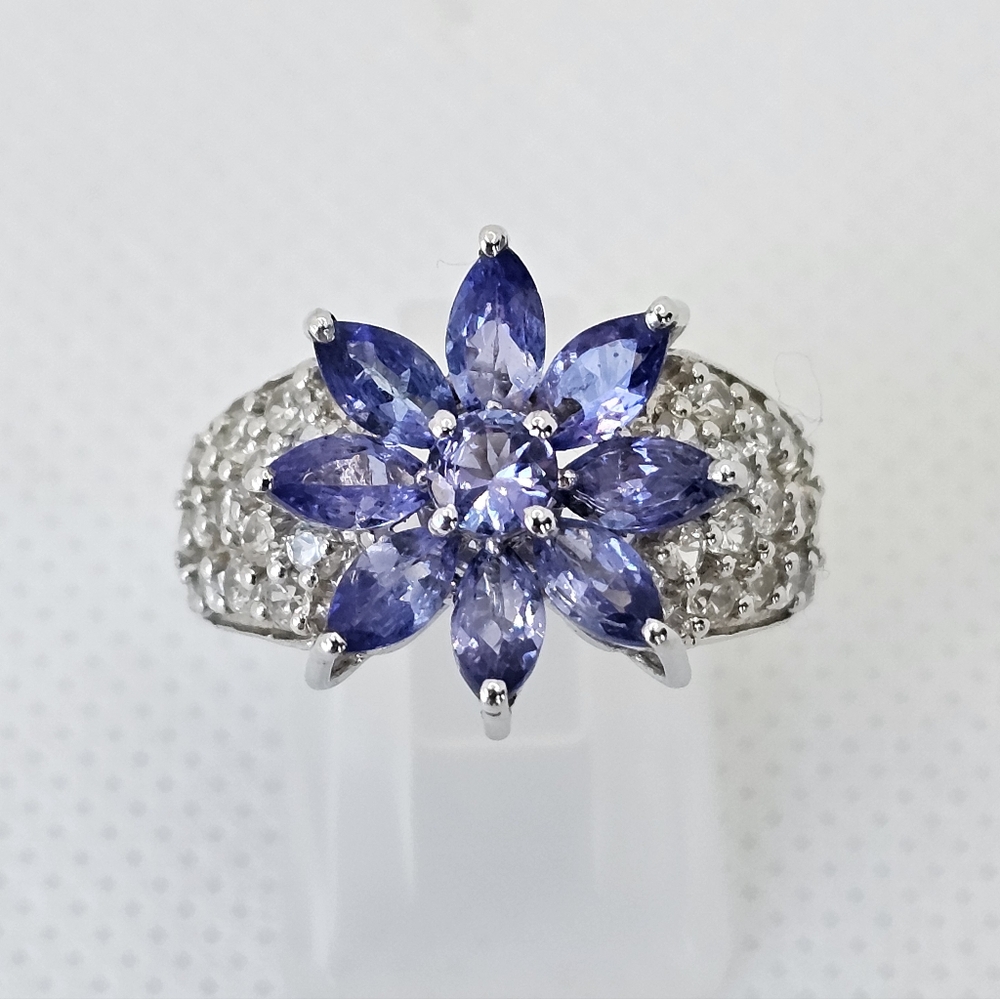 Natural Tanzanite & White Zircon Ring Platinum & Sterling Silver Size 6!